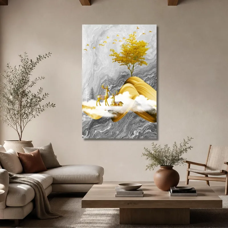 Toile artistique cerf doré dans un paysage abstrait