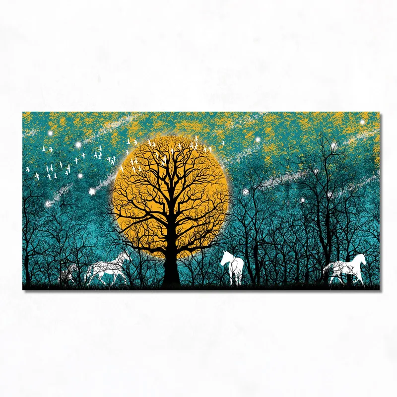 Silueta de árbol con caballos cuadro en lienzo