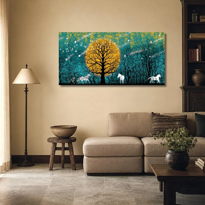 Silueta de árbol con caballos cuadro en lienzo