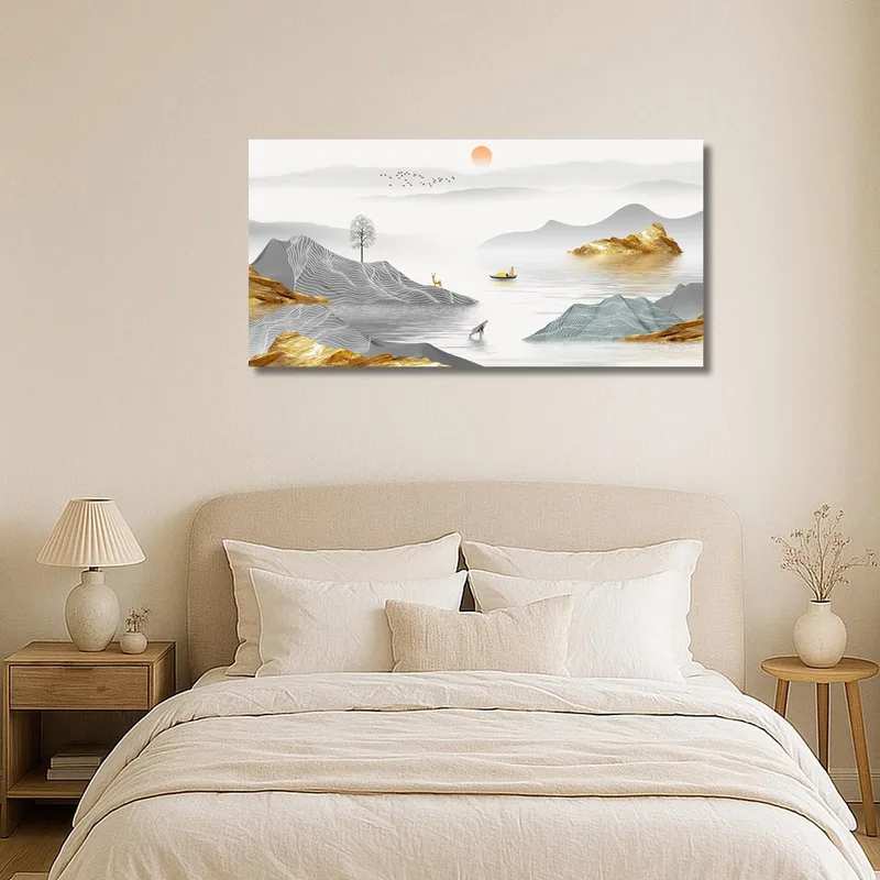 Toile artistique paysage de montagne doré