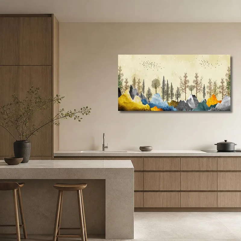 Berglandschaft mit Bäumen drucken auf leinwand