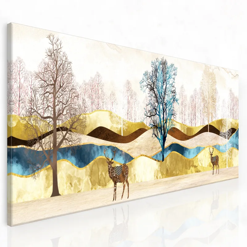 Leinwanddruck reh in abstrakter landschaft