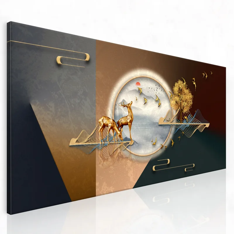 Kunstdruck goldener hirsch und baum