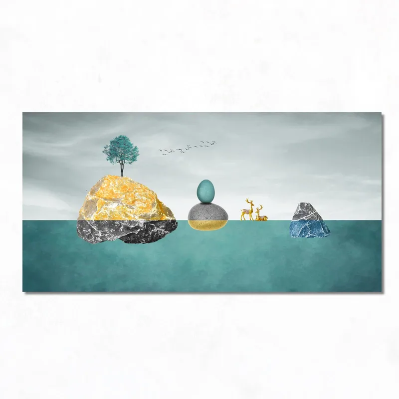 Canvas print balancing stones with trees and deer