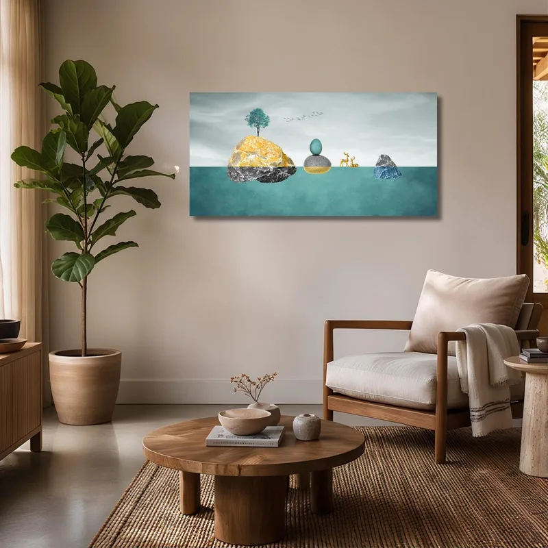 Canvas print balancing stones with trees and deer