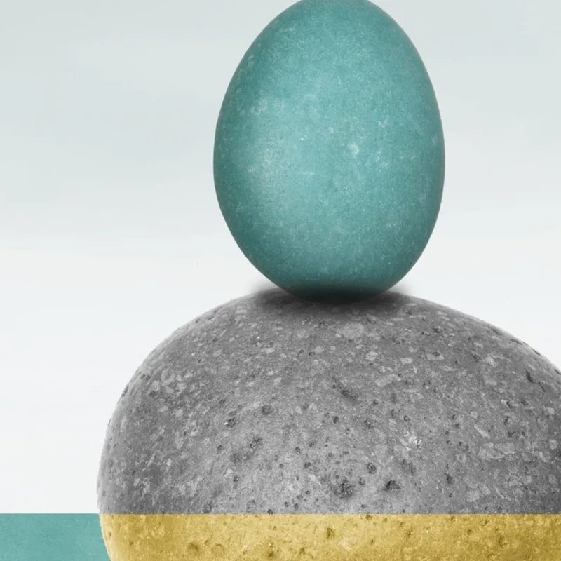 Canvas print balancing stones with trees and deer