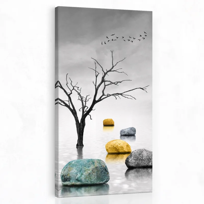Kunstdruck schwarzer baum und farbige steine