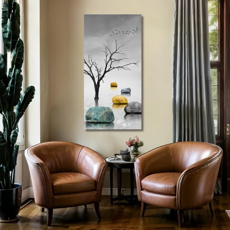 Kunstdruck schwarzer baum und farbige steine