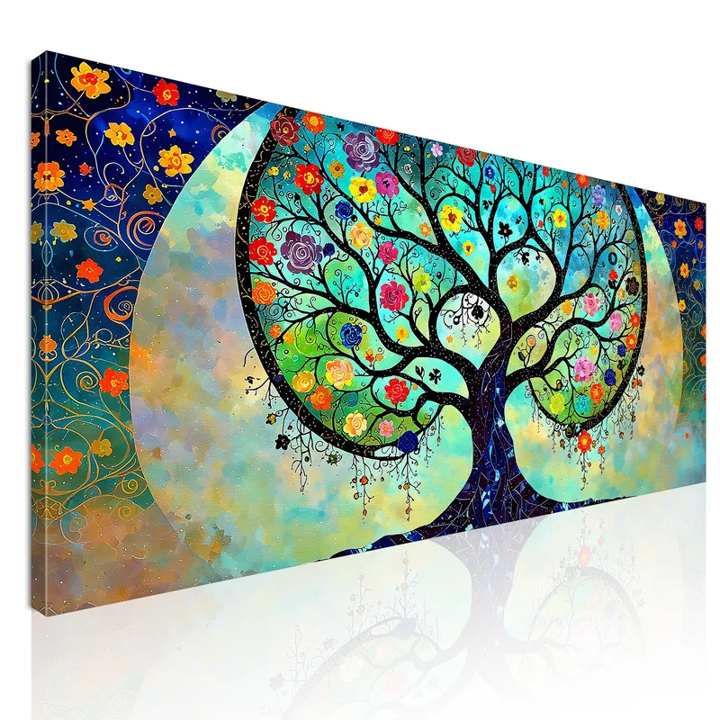 Tree Of Life Flowers And Full Moon Painting canvas print