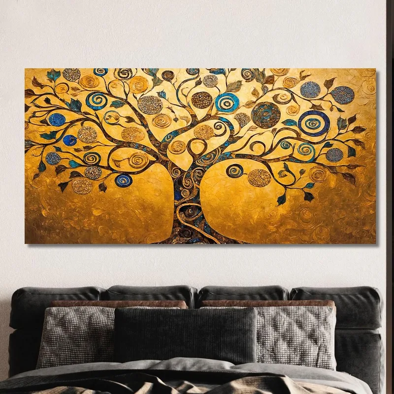 Tableau Arbre De Vie Doré Avec Spirales Bleues