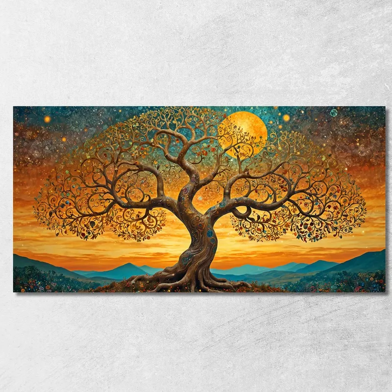 Cuadro Árbol De La Vida Atardecer Y Montañas.