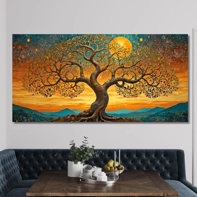 Cuadro Árbol De La Vida Atardecer Y Montañas.