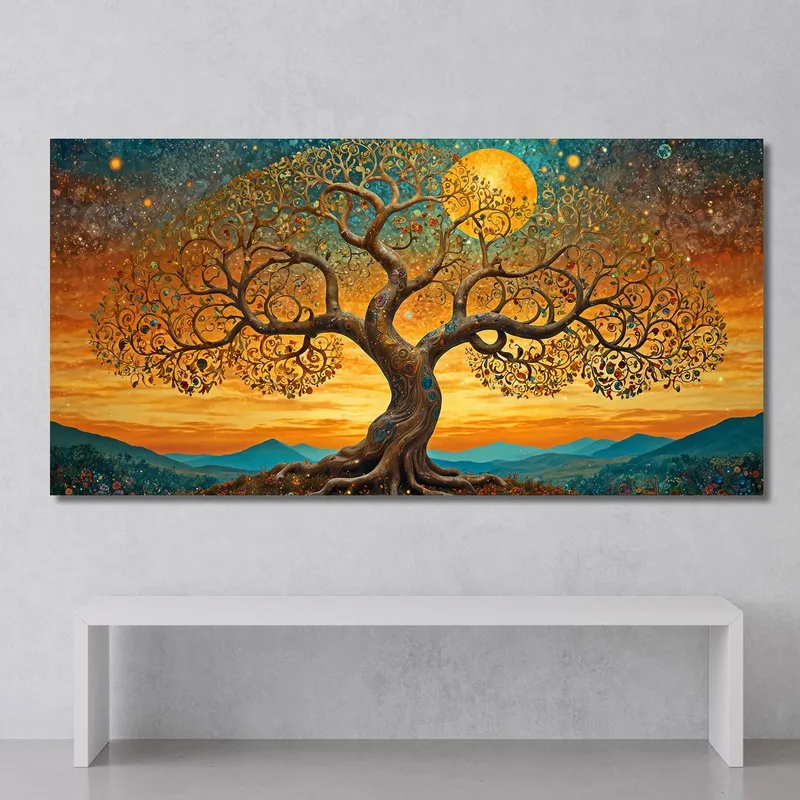 Cuadro Árbol De La Vida Atardecer Y Montañas.