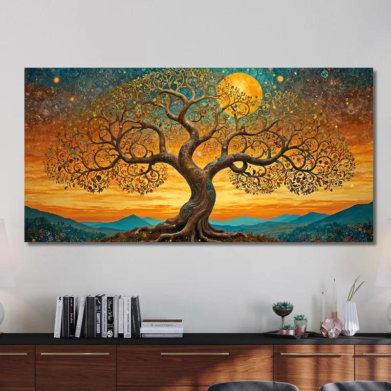Cuadro Árbol De La Vida Atardecer Y Montañas.
