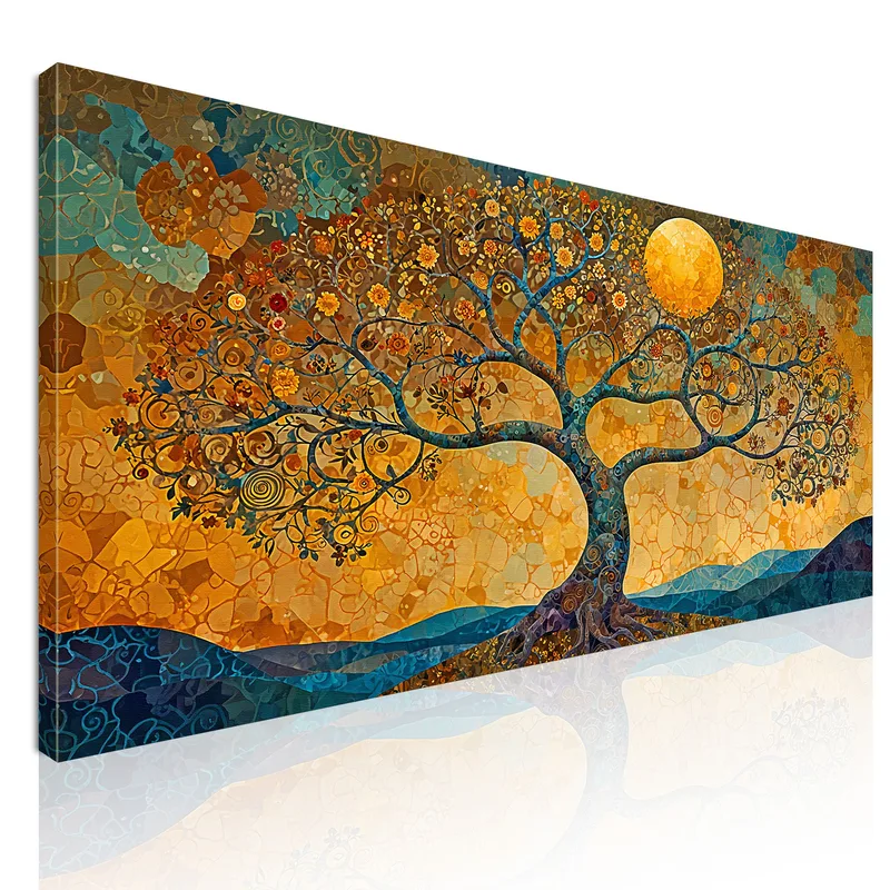 Tree Of Life Mountain And Yellow Moon Painting canvas print