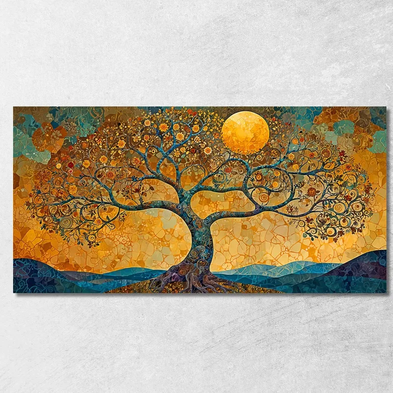 Gemälde „Baum Des Lebens“ Berg Und Gelber Mond