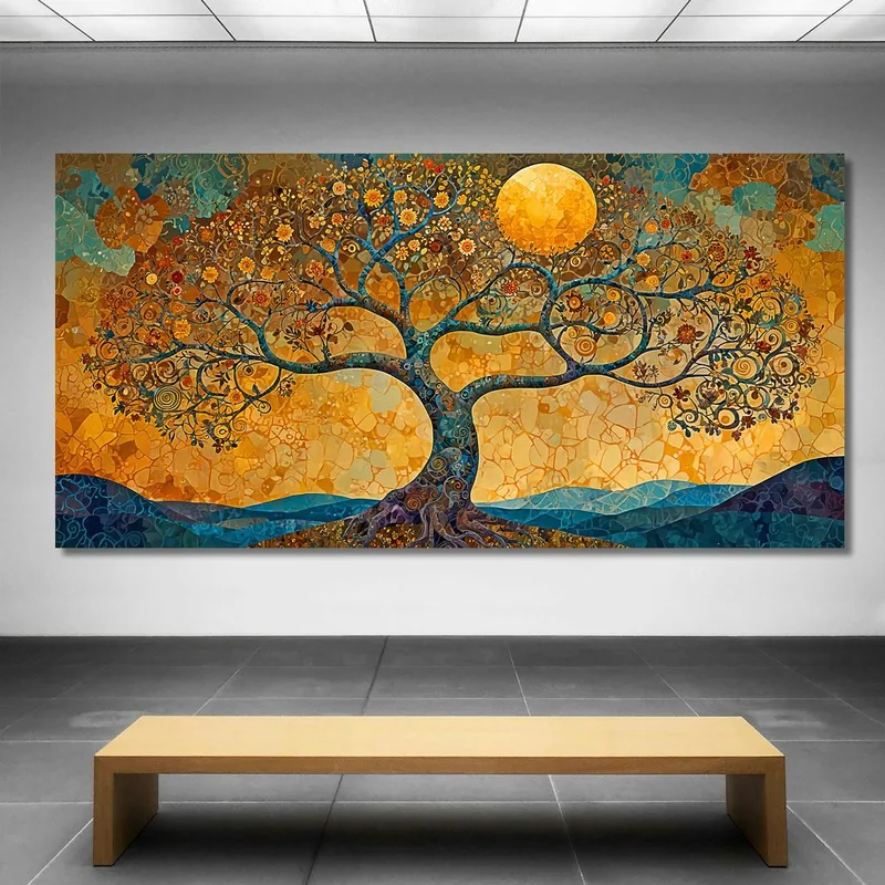 Gemälde „Baum Des Lebens“ Berg Und Gelber Mond