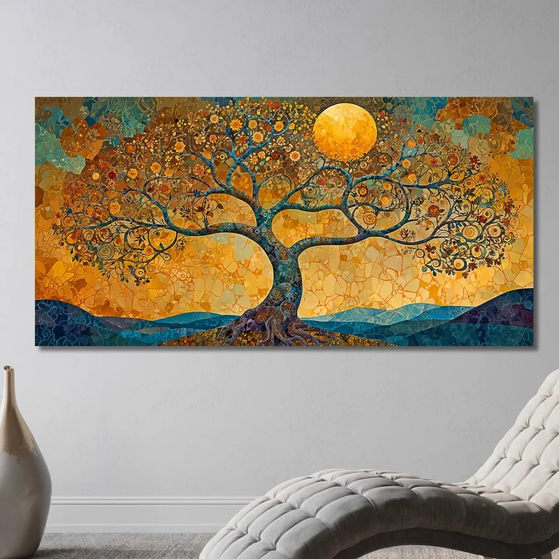 Gemälde „Baum Des Lebens“ Berg Und Gelber Mond