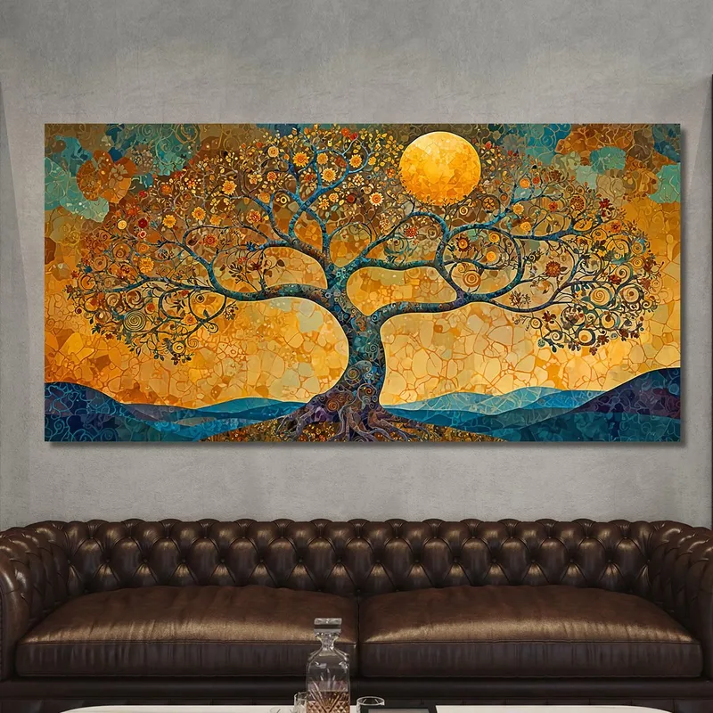 Gemälde „Baum Des Lebens“ Berg Und Gelber Mond