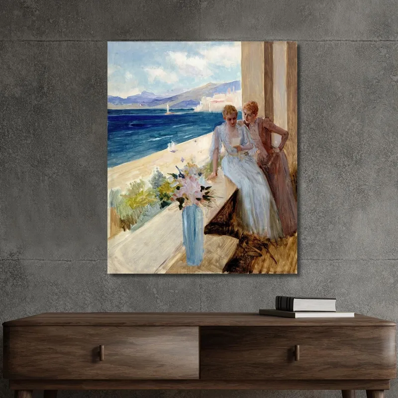 The Artist'S Wife And Emilie Von Etter On The Balcony In Cannes Albert Edelfelt