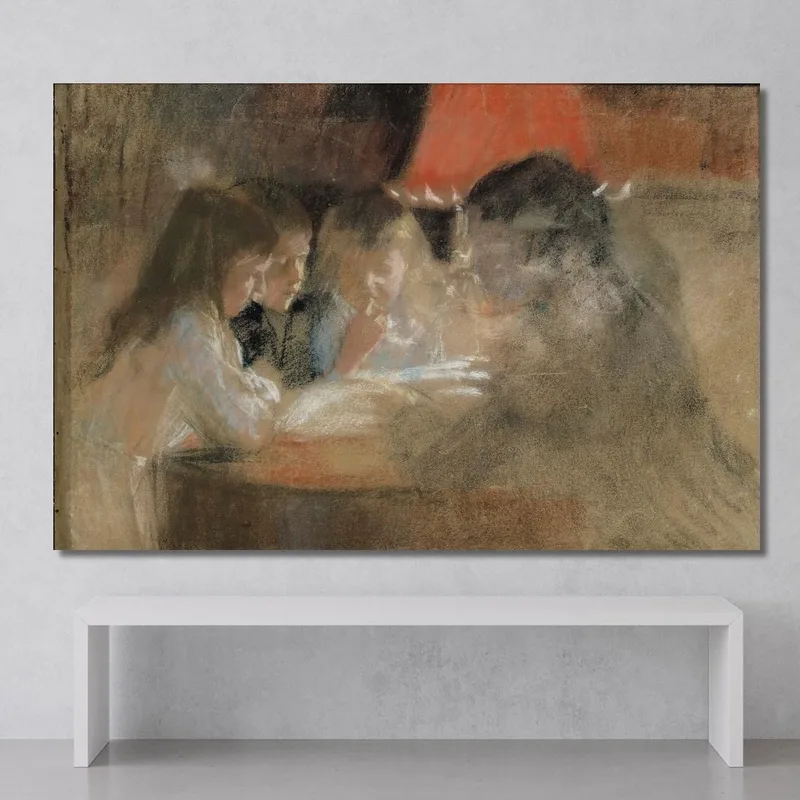 Los Niños De La Familia Brandt Junto A La Lámpara Albert Edelfelt