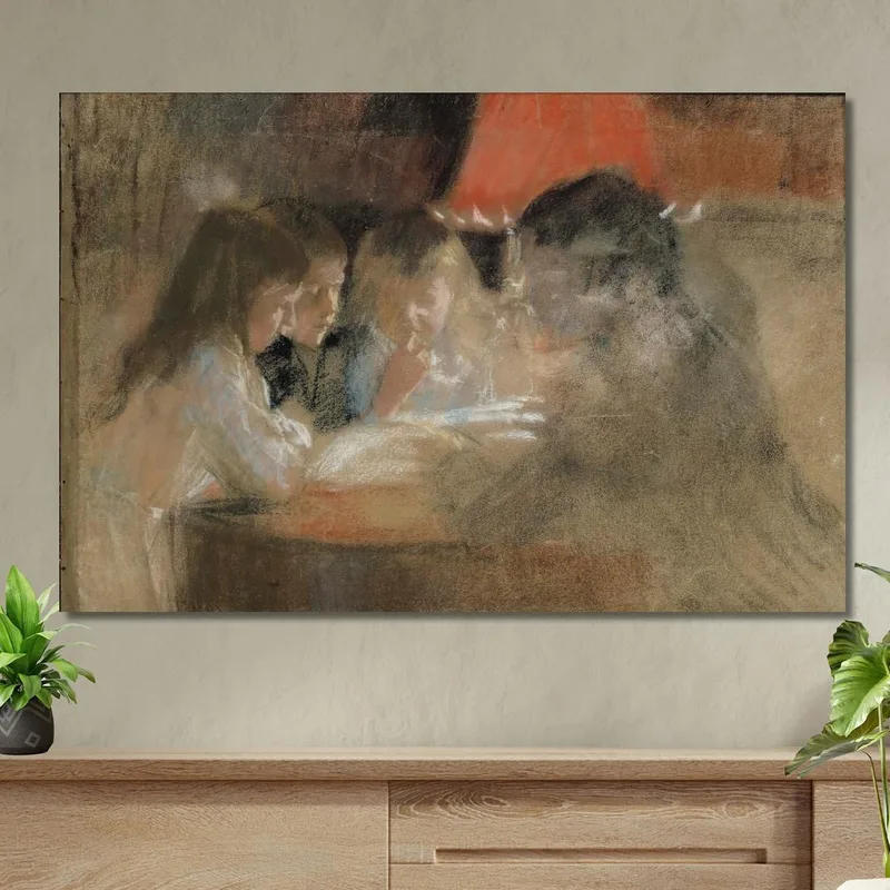 Los Niños De La Familia Brandt Junto A La Lámpara Albert Edelfelt