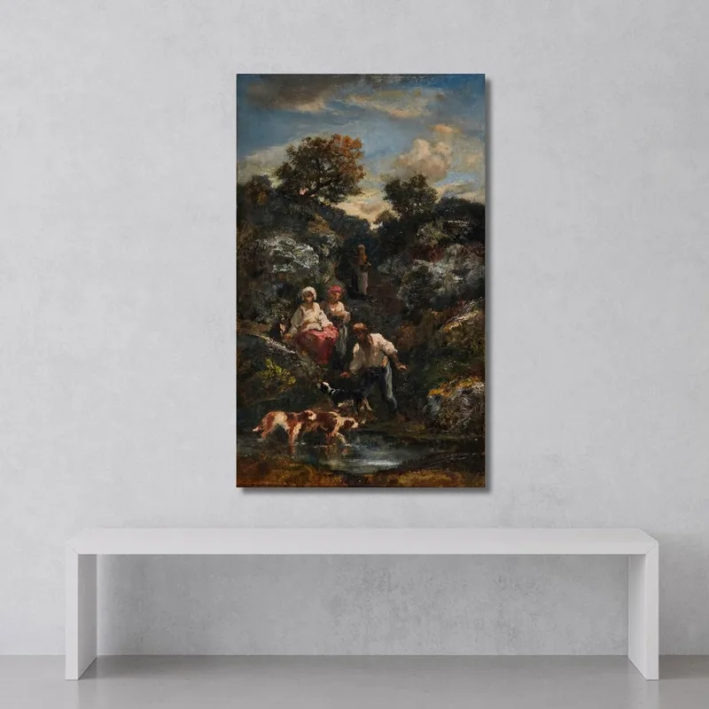 Vier Bohemiens Und Hunde An Einem Teich In Der Nähe Von Felsen Narcisse-Virgile Diaz de La Peña