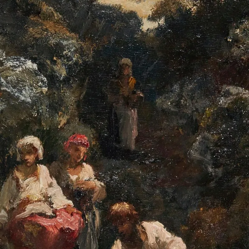 Vier Bohemiens Und Hunde An Einem Teich In Der Nähe Von Felsen Narcisse-Virgile Diaz de La Peña