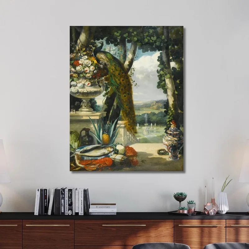 Nature Morte Avec Fleurs De Paon Fruits Et Vase Japonais Vaste Paysage De Parc En Arrière-Plan Narcisse-Virgile Diaz de La Peñ