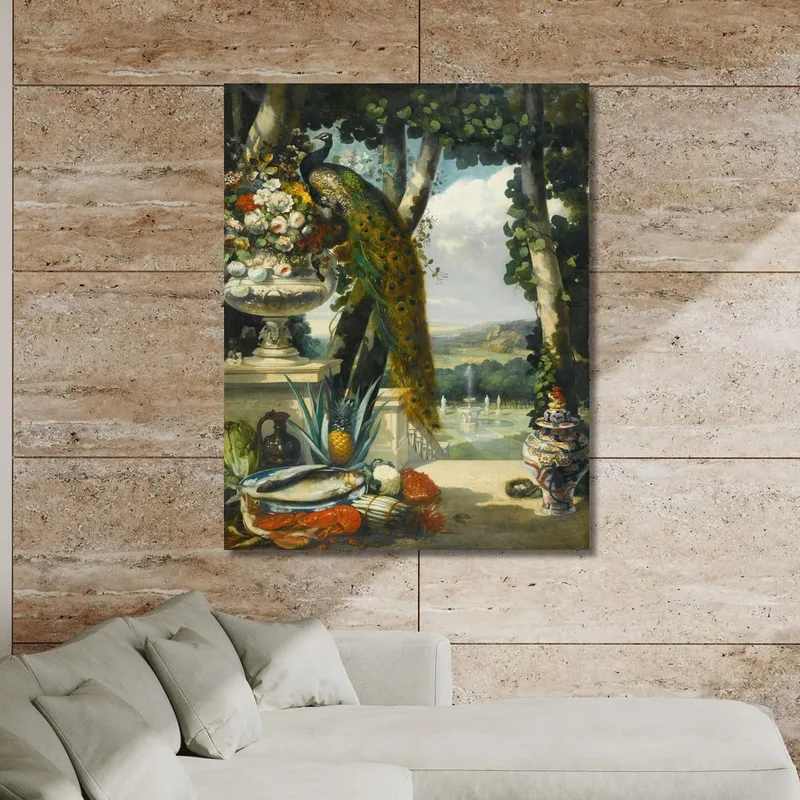 Nature Morte Avec Fleurs De Paon Fruits Et Vase Japonais Vaste Paysage De Parc En Arrière-Plan Narcisse-Virgile Diaz de La Peñ