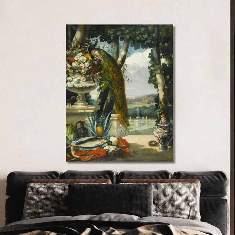 Nature Morte Avec Fleurs De Paon Fruits Et Vase Japonais Vaste Paysage De Parc En Arrière-Plan Narcisse-Virgile Diaz de La Peñ