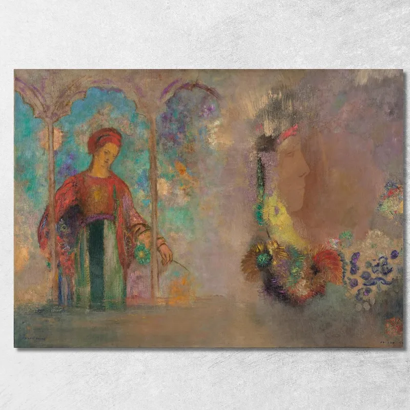 Woman In A Gothic Arcade Woman With Flowers Odilon Redon canvas print