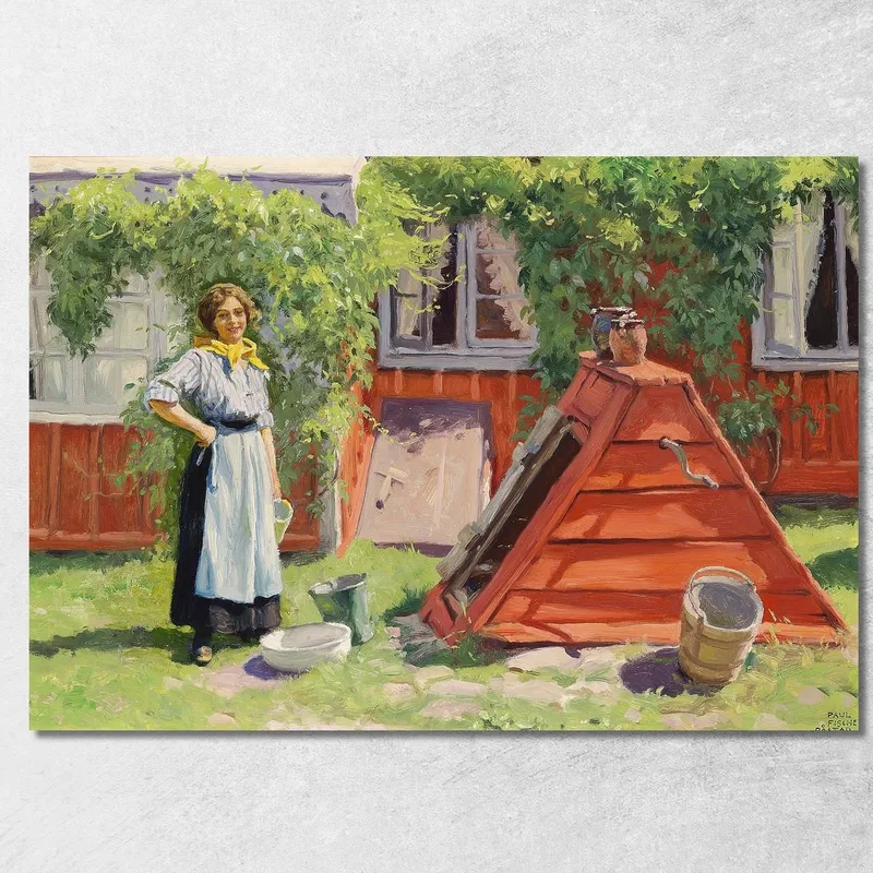 Mädchen An Einem Brunnen Neben Einem Rot Gestrichenen Schwedischen Holzhaus Paul Fischer drucken auf leinwand