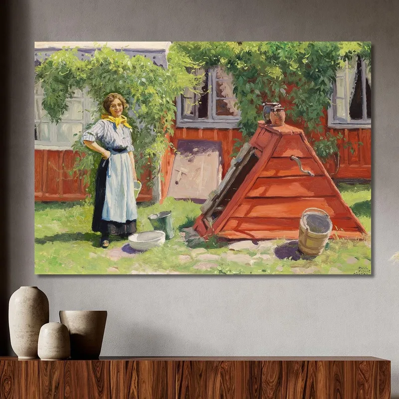 Niña Junto A Un Pozo Junto A Una Casa De Madera Sueca Pintada De Rojo Paul Fischer