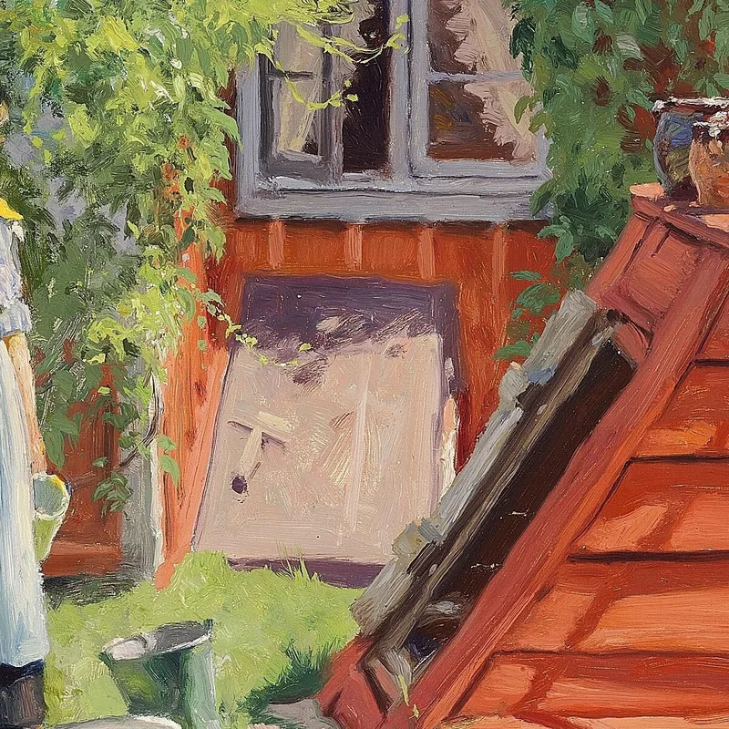 Niña Junto A Un Pozo Junto A Una Casa De Madera Sueca Pintada De Rojo Paul Fischer