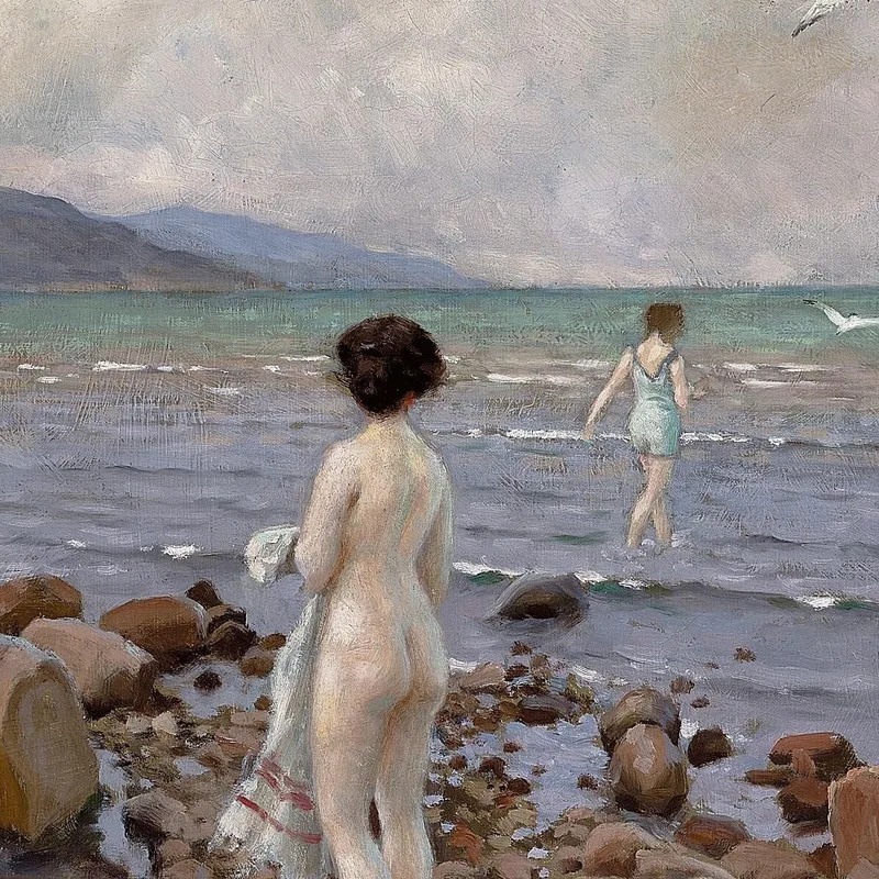 Dos Chicas Bañándose En Una Playa Rocosa Paul Fischer