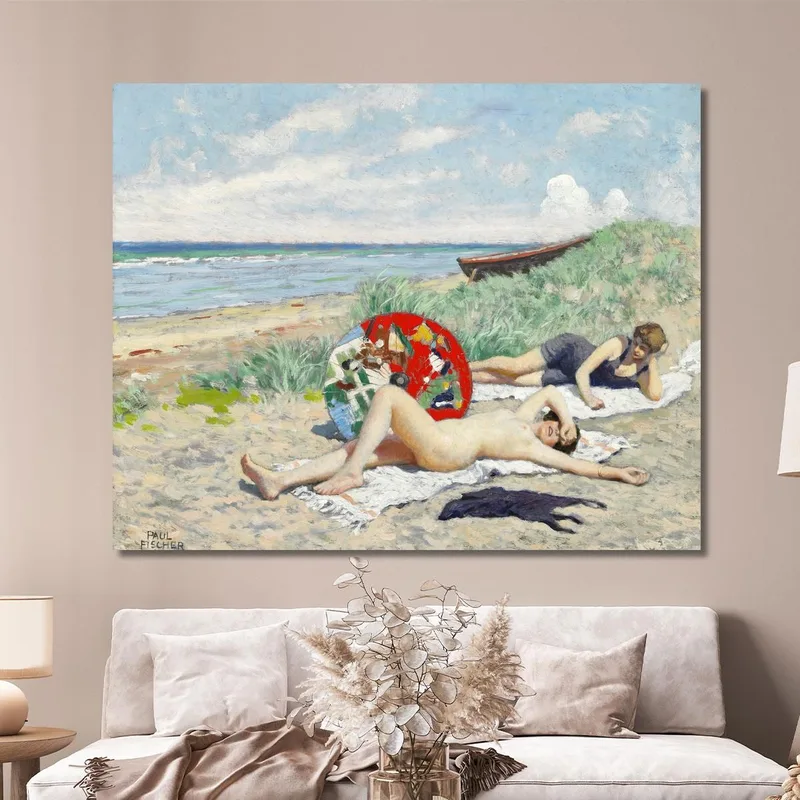 Zwei Mädchen Und Ein Japanischer Sonnenschirm Am Strand Von Hornbæk Paul Fischer