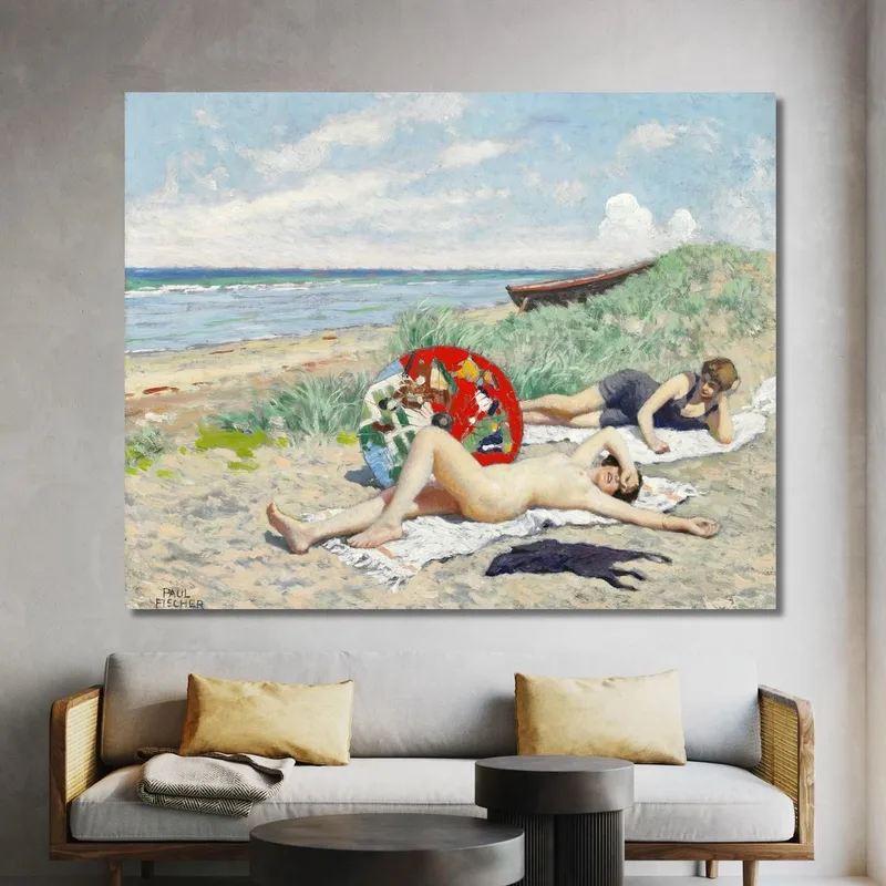 Zwei Mädchen Und Ein Japanischer Sonnenschirm Am Strand Von Hornbæk Paul Fischer