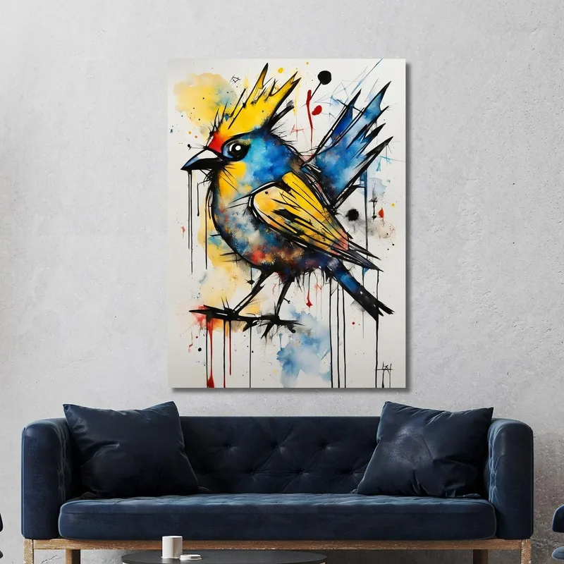 Vibrant Crowned Songbird Reinterpretation Jean-Michel Basquiat