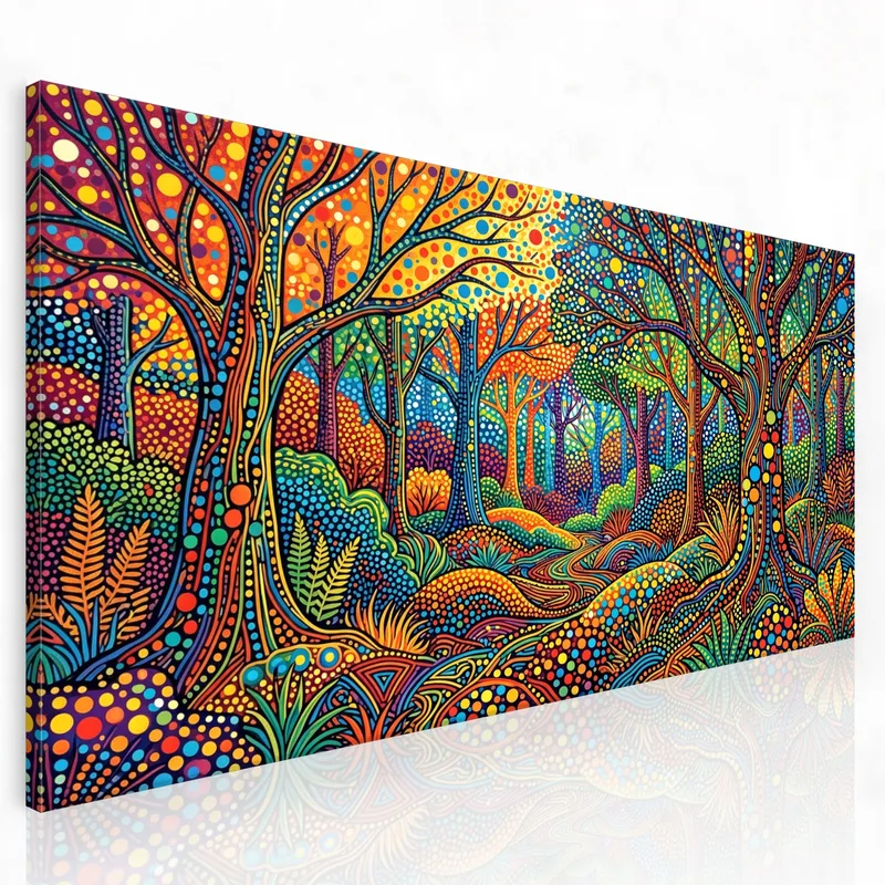 Quadro moderno paesaggio forestale vivace con puntini