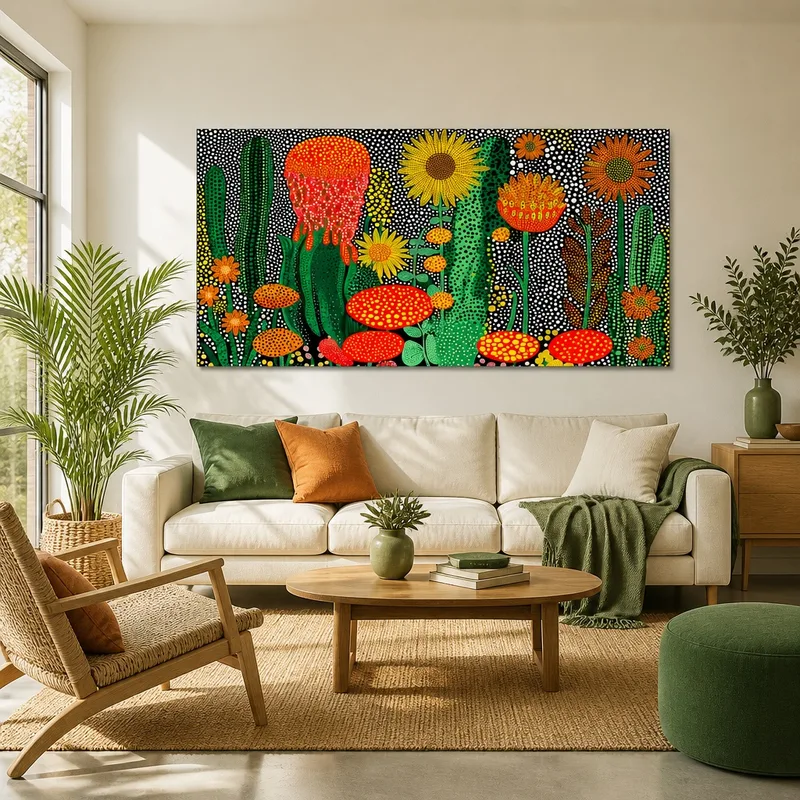 Impression sur toile tournesols et cactus abstraits à pois