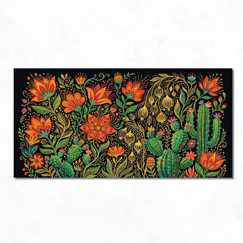 Toile artistique design floral et cactus éclatant