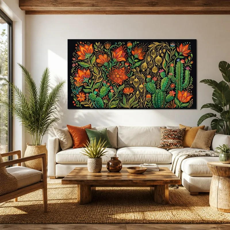 Toile artistique design floral et cactus éclatant