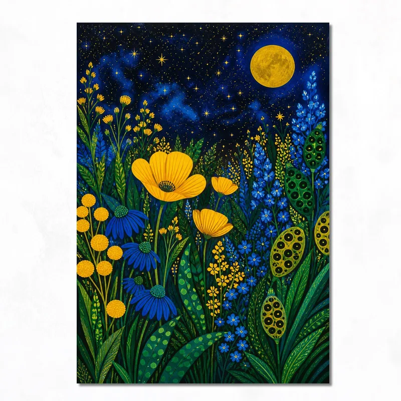 Fine art print night garden with yellow and blue flowers