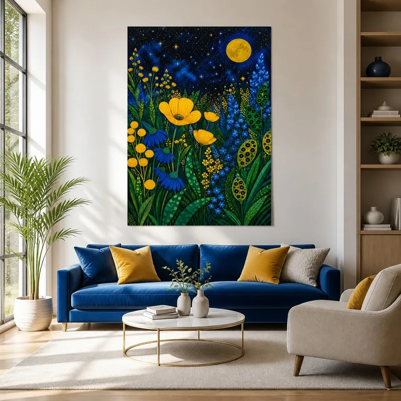 Fine art print night garden with yellow and blue flowers