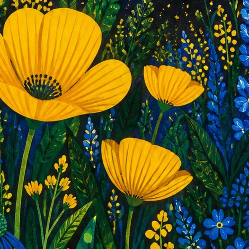 Fine art print night garden with yellow and blue flowers