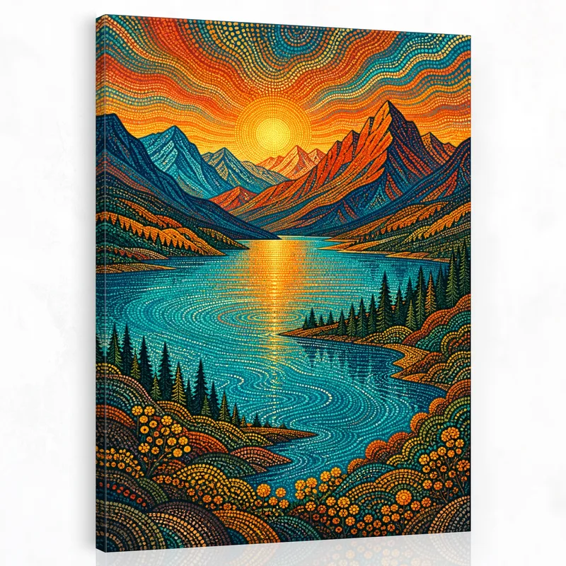 Yayoi kusama stampa su canvas tramonto sopra montagne vibranti