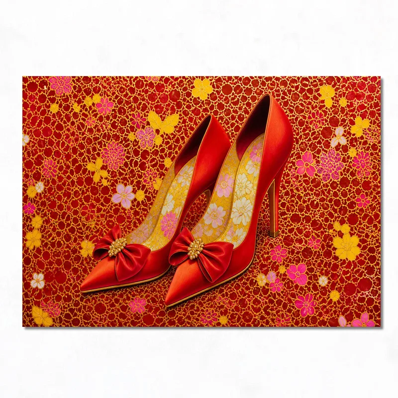 Yayoi kusama tableau moderne talons hauts satin rouge avec accent floral