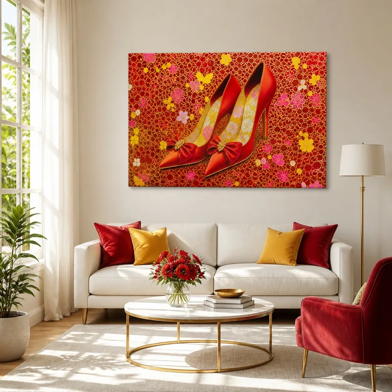 Yayoi kusama tableau moderne talons hauts satin rouge avec accent floral