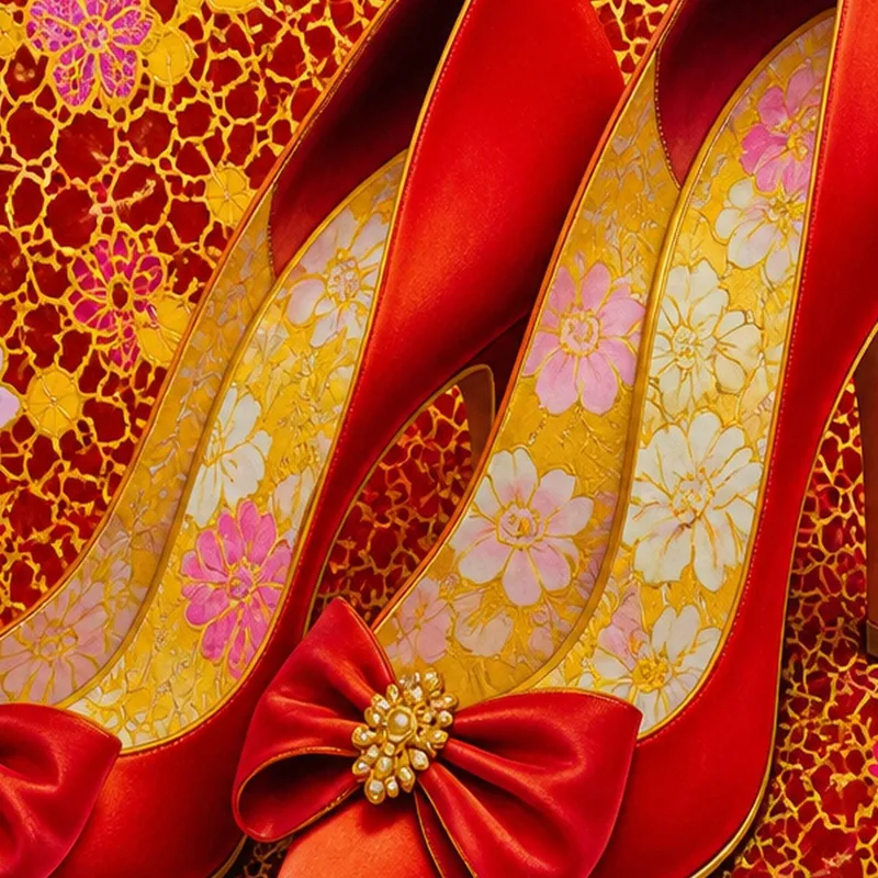 Yayoi kusama tableau moderne talons hauts satin rouge avec accent floral